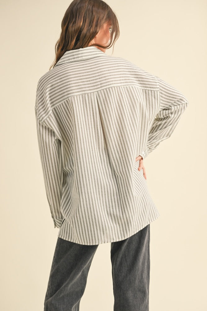 Olive Striped Double Pocket Button Down Top