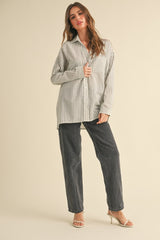 Olive Striped Double Pocket Button Down Top