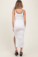 White Colorblock Trim Knit Side Slit Maternity Midi Dress