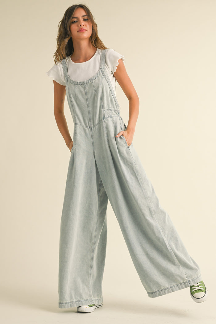 Light Blue Wide Leg Denim Maternity Jumpsuit