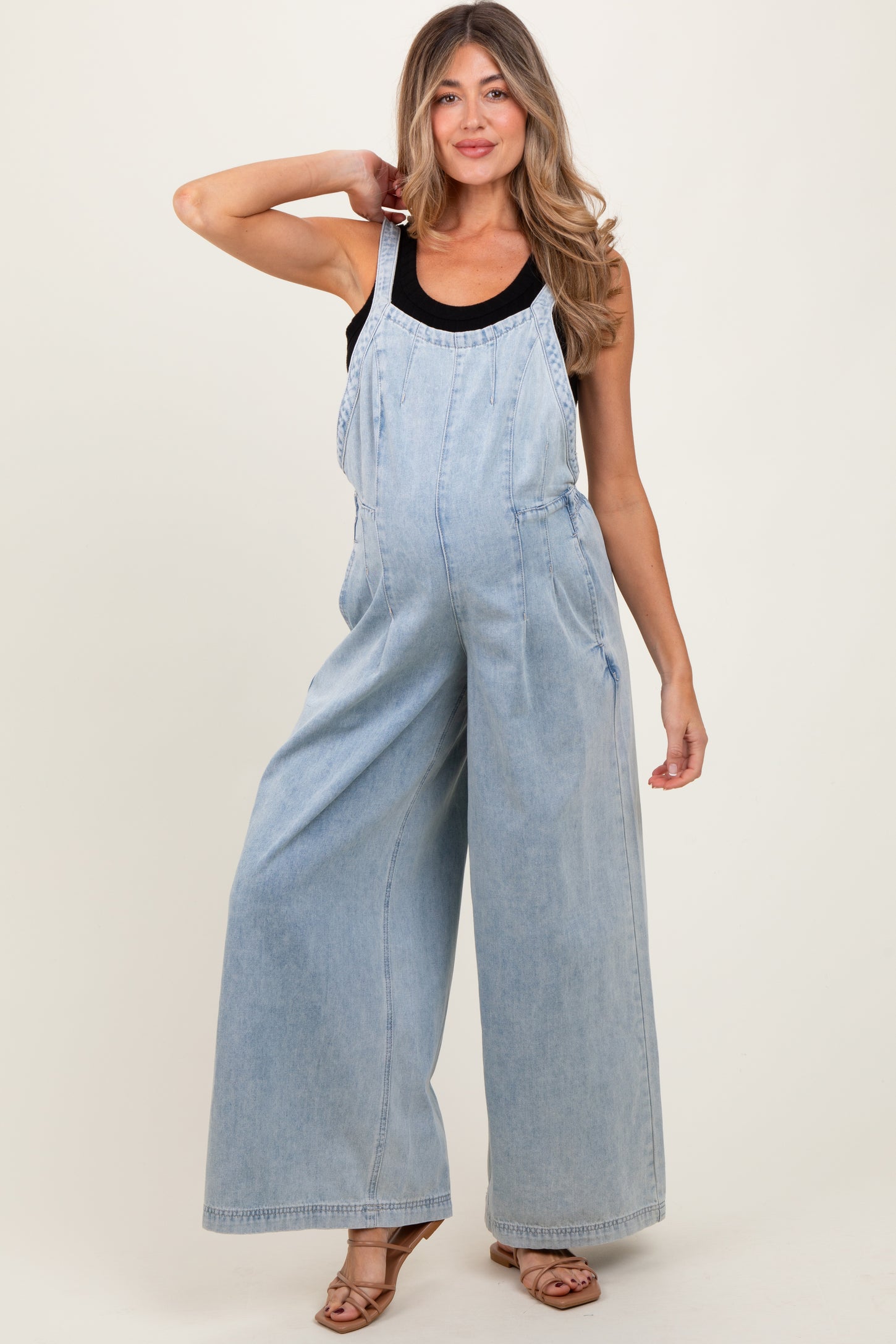 Light Blue Wide Leg Denim Maternity Jumpsuit