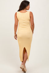 Yellow Ribbed Knit Black Slit Maternity Midi Dress