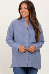 Blue Cotton Gauze Oversized Maternity Button Down Shirt