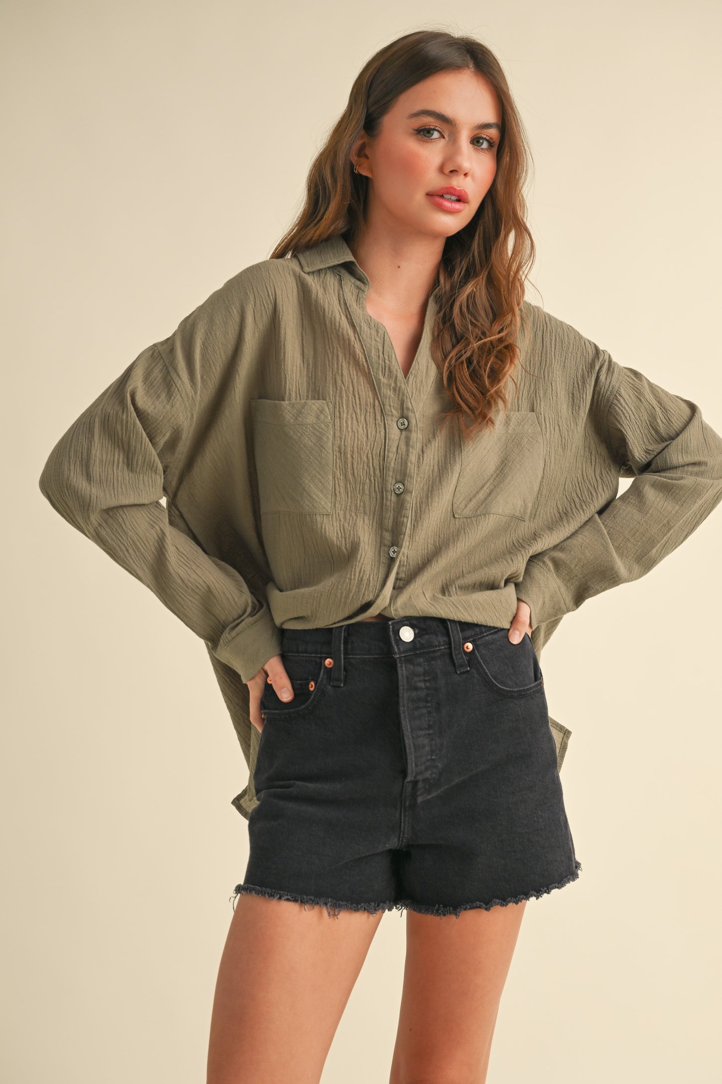 Olive Cotton Gauze Oversized Button Down Shirt