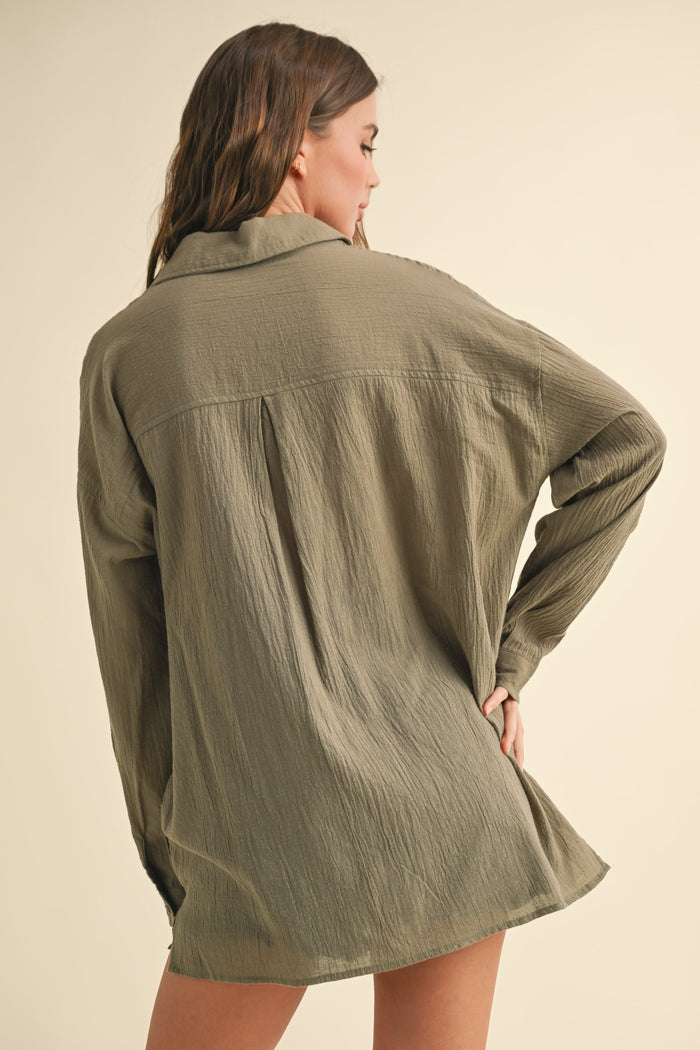 Olive Cotton Gauze Oversized Button Down Shirt