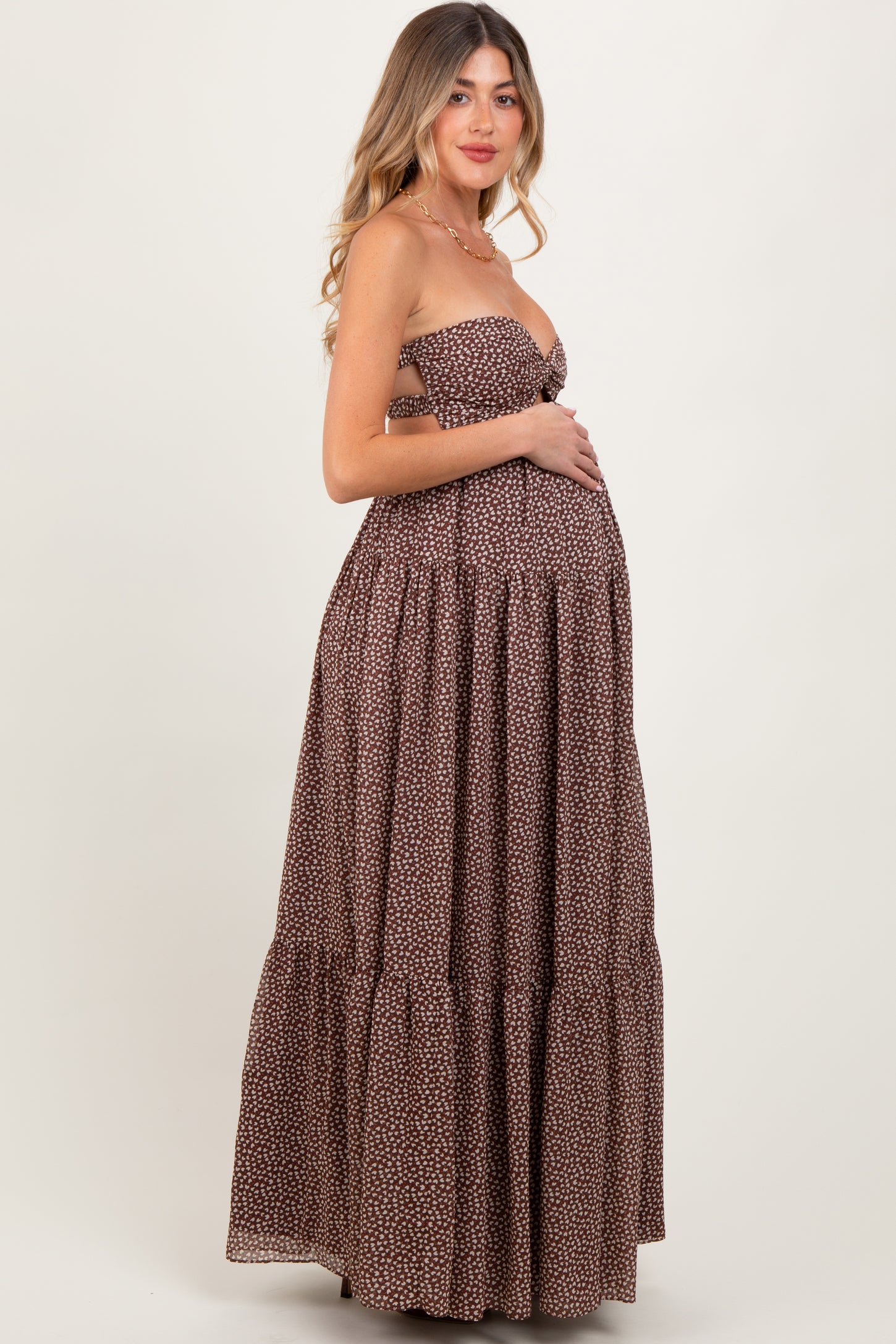 Brown Heart Print Twist Front Open Back Maternity Maxi Dress