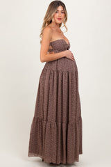 Brown Heart Print Twist Front Open Back Maternity Maxi Dress