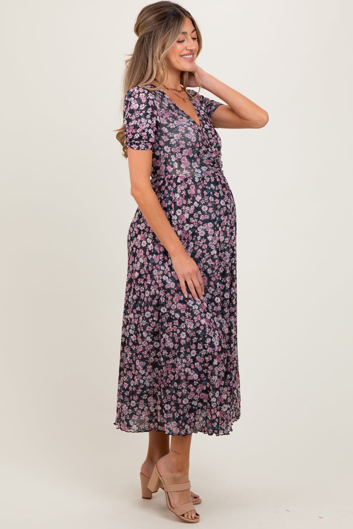 Black Floral Reversible Front Cinched Maternity Midi Dress