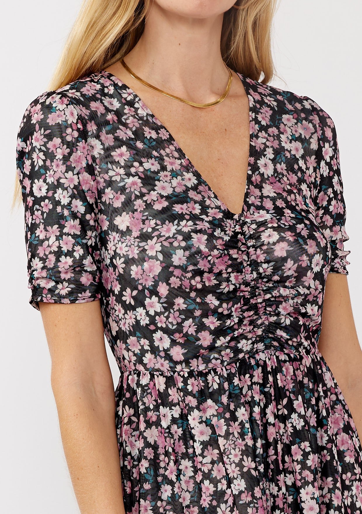 Black Floral Reversible Front Cinched Midi Dress