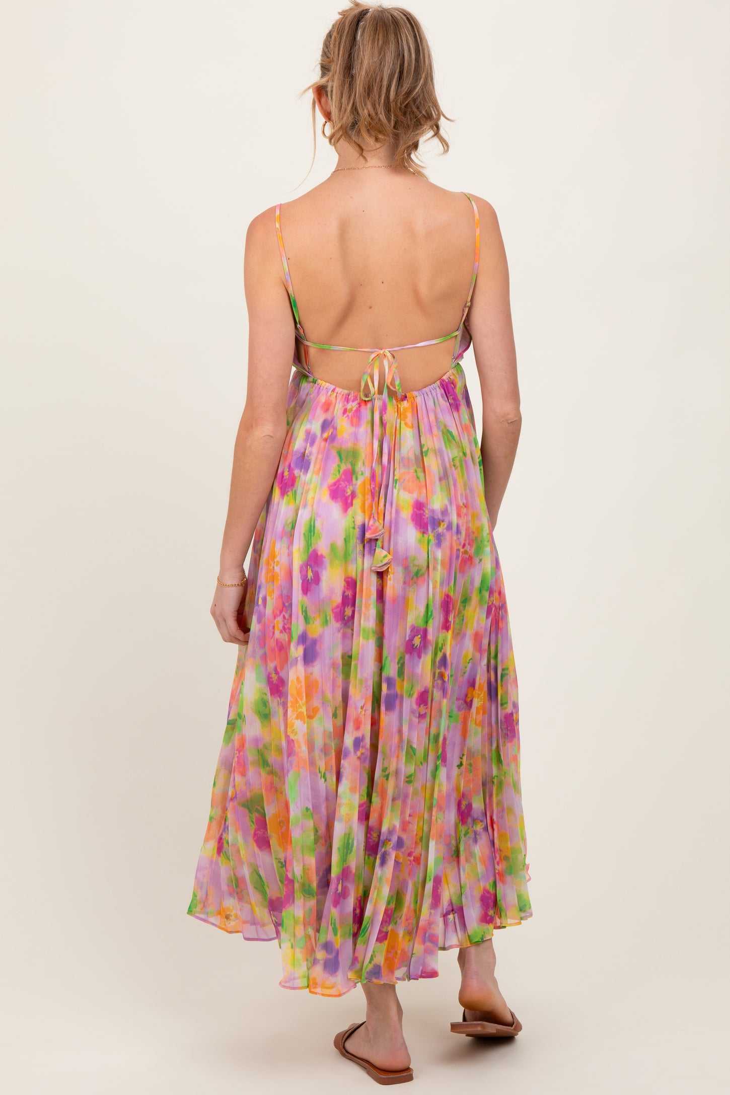 Lilac Floral Pleated Open Back Maternity Maxi Dress