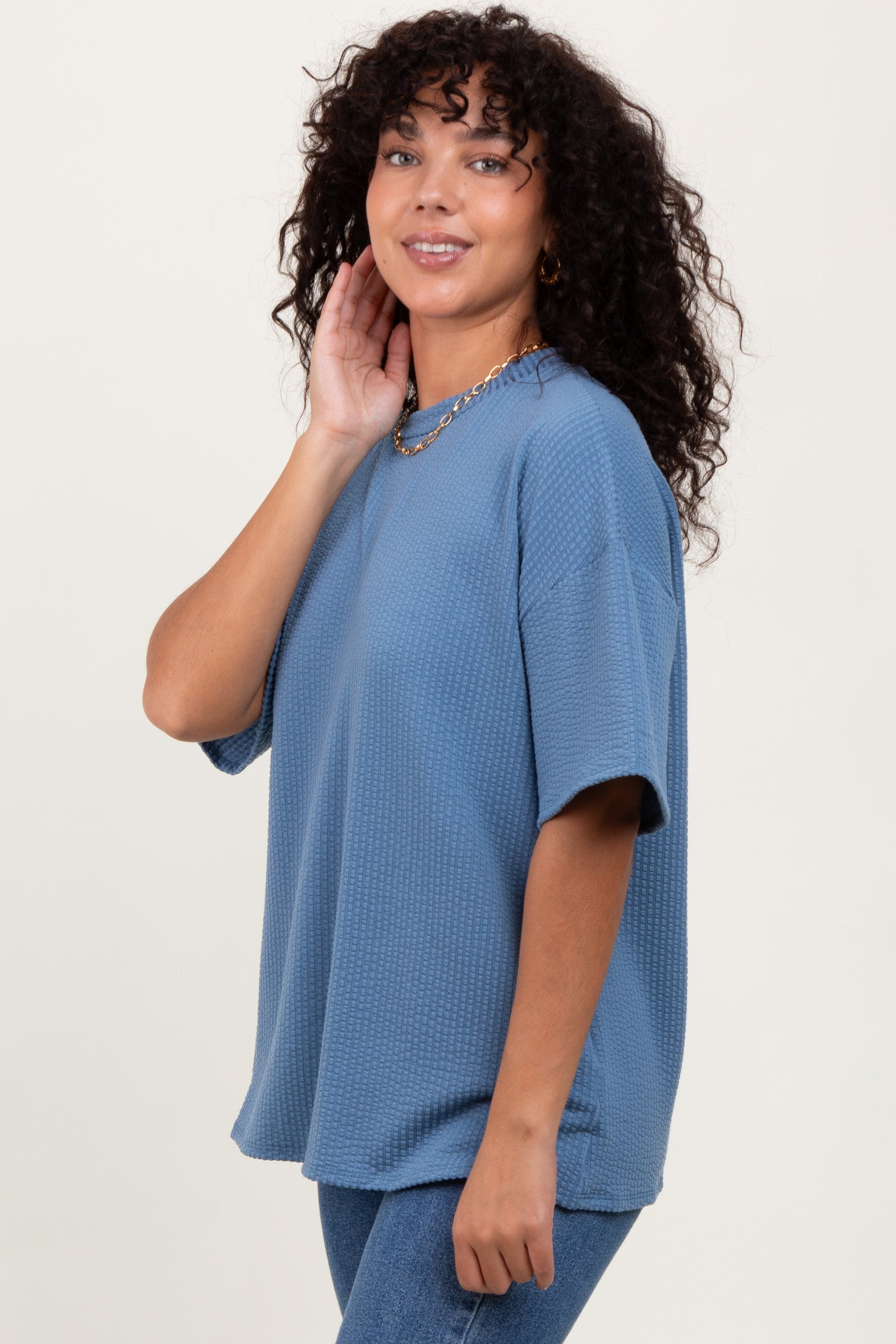 Blue Ribbed Short Sleeve Maternity Top
