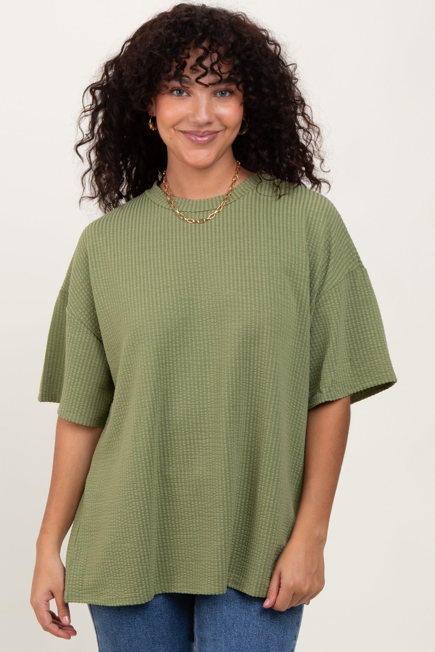 Olive Ribbed Short Sleeve Top