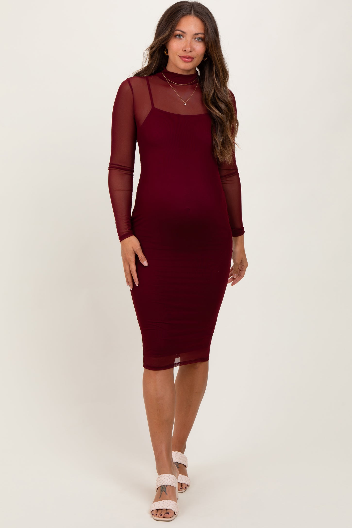 Burgundy Mesh Overlay Long Sleeve Maternity Midi Dress