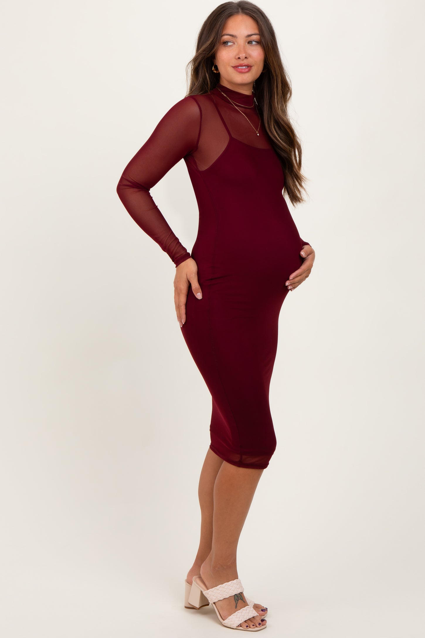 Burgundy Mesh Overlay Long Sleeve Maternity Midi Dress