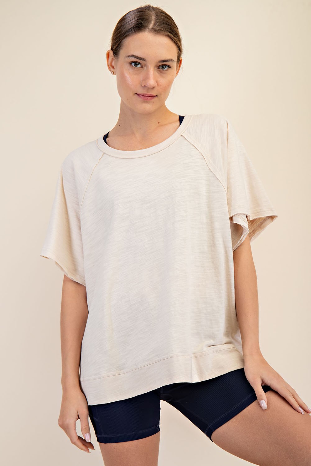 Beige Oversized Raw Hem Short Sleeve Tee