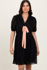 Black Ruffle V Neck Ribbon Bow Pleated Lace Lined Dress
