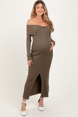 Olive Off Shoulder Long Cardigan Maternity Maxi Dress