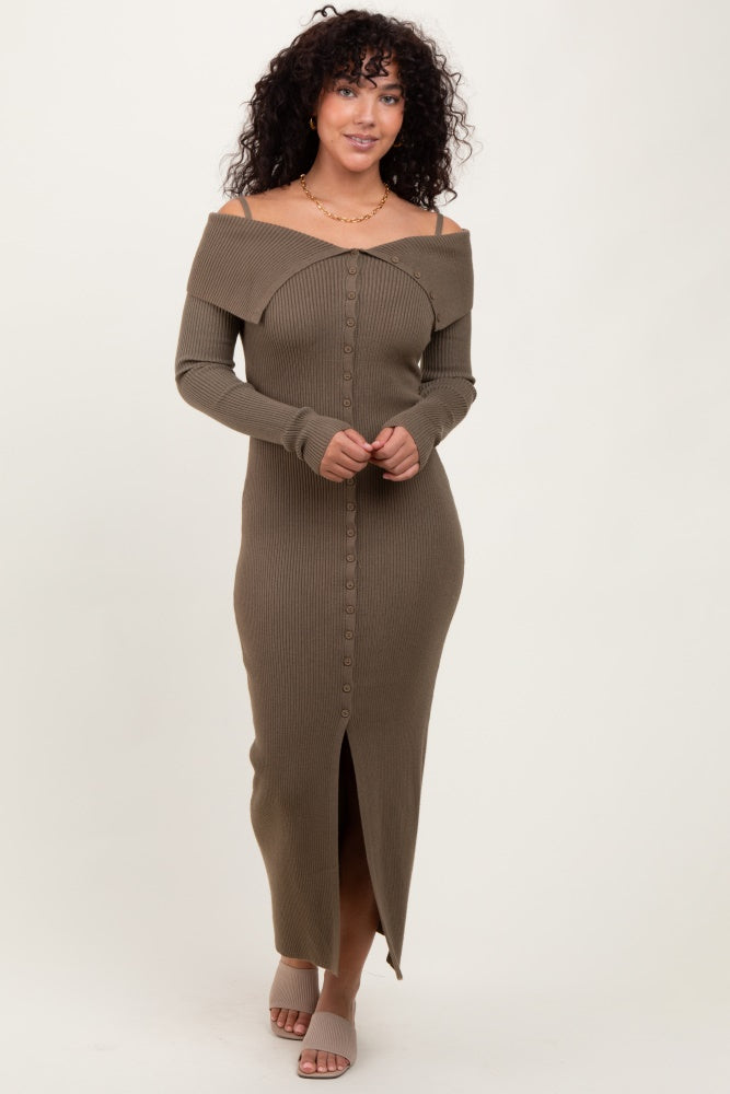Olive Off Shoulder Long Cardigan Maxi Dress