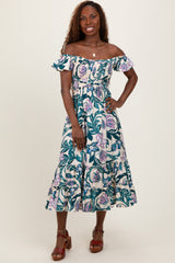 Teal Multi Smocked Top Woven Midi Dress