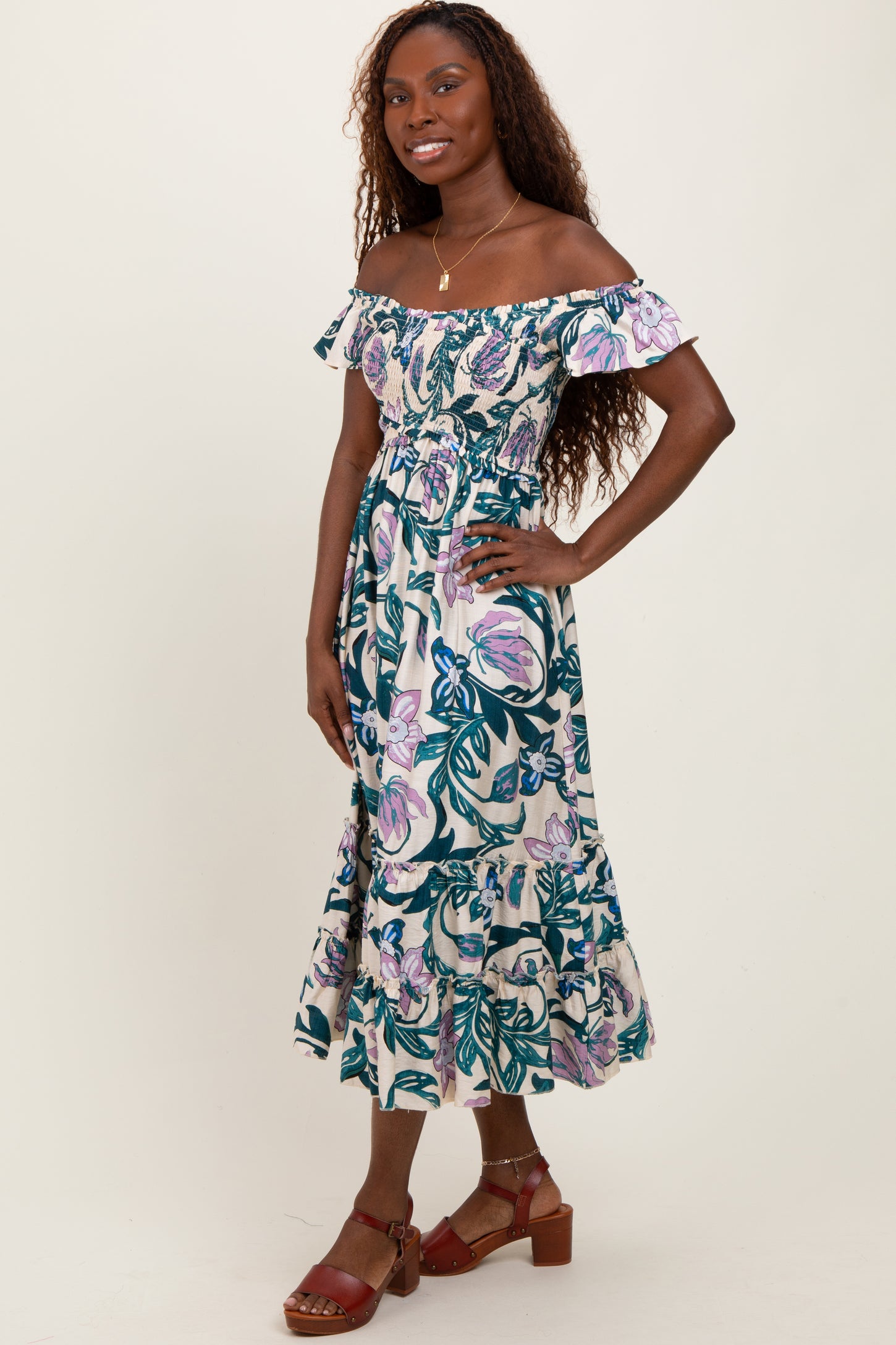 Teal Multi Smocked Top Woven Midi Dress