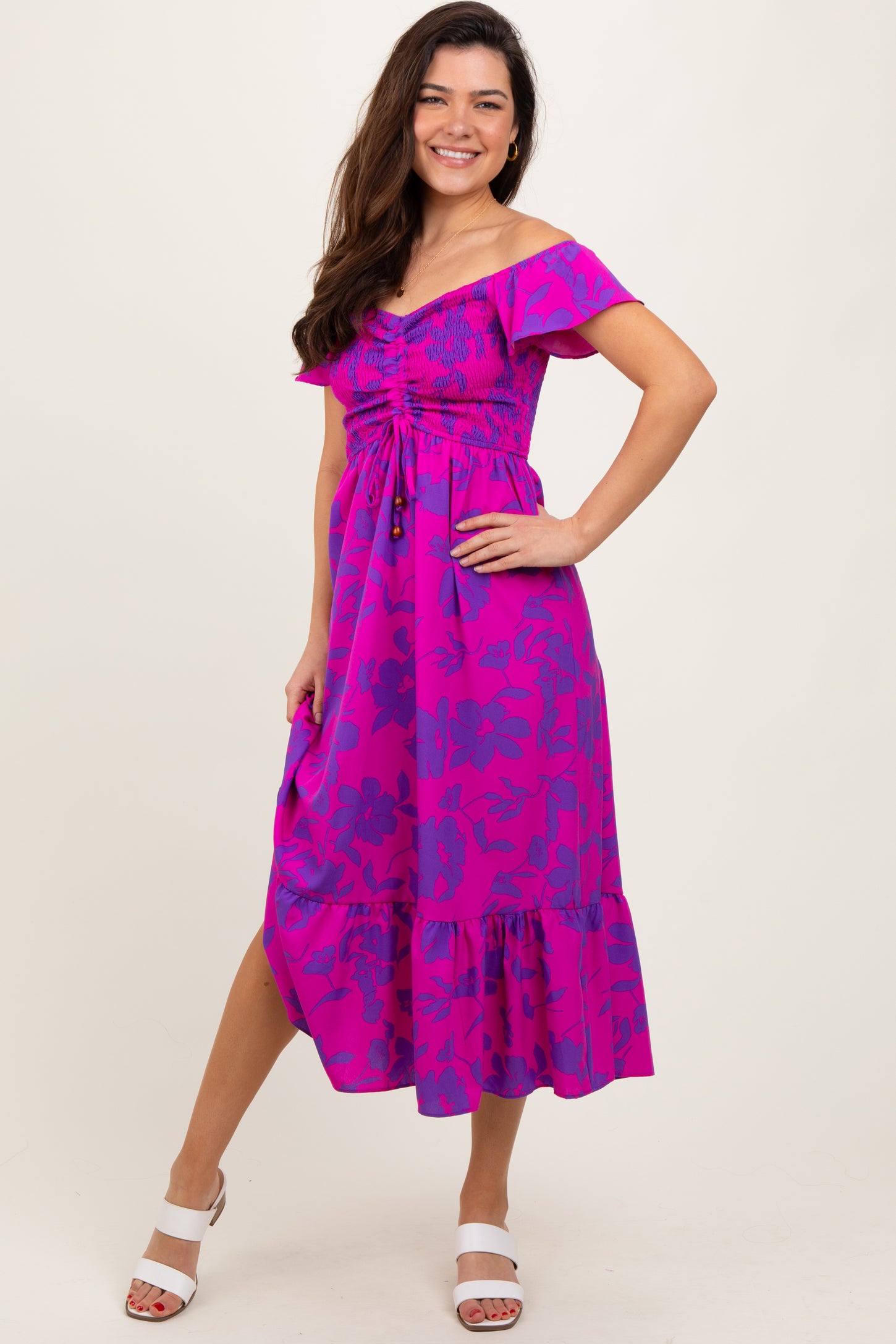 Magenta Multi Smocked Top Maternity Maxi Dress
