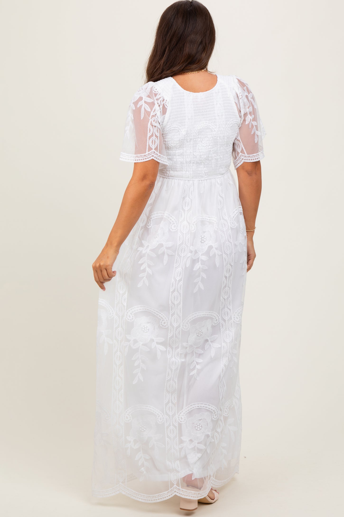 White Smocked Top Lace Maternity Maxi Dress