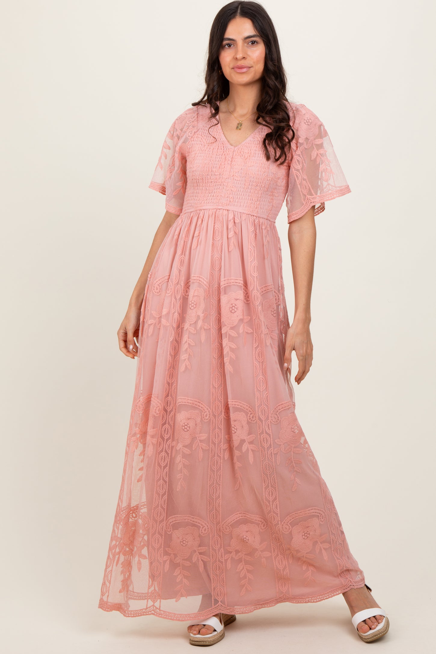 Pink Smocked Top Lace Maxi Dress
