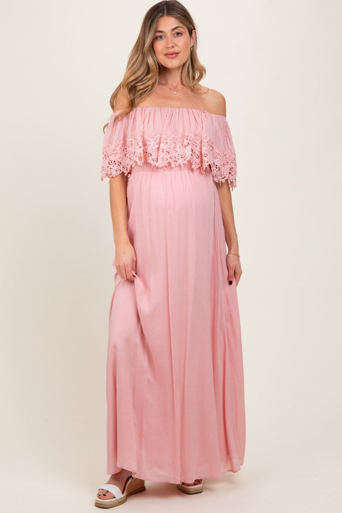 Pink Lace Off Shoulder Maternity Maxi Dress