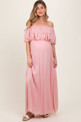 Pink Lace Off Shoulder Maternity Maxi Dress