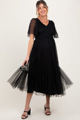 Black Dotted Tulle Smocked Maternity Midi Dress
