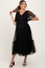 Black Dotted Tulle Smocked Maternity Midi Dress