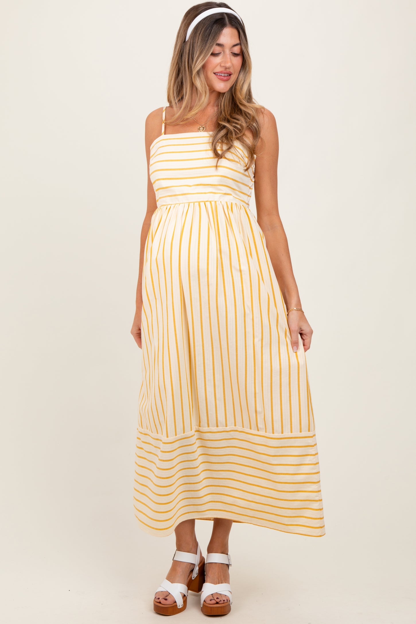 Yellow Striped Sleeveless Maternity Maxi Dress