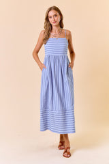 Light Blue Striped Sleeveless Maternity Maxi Dress