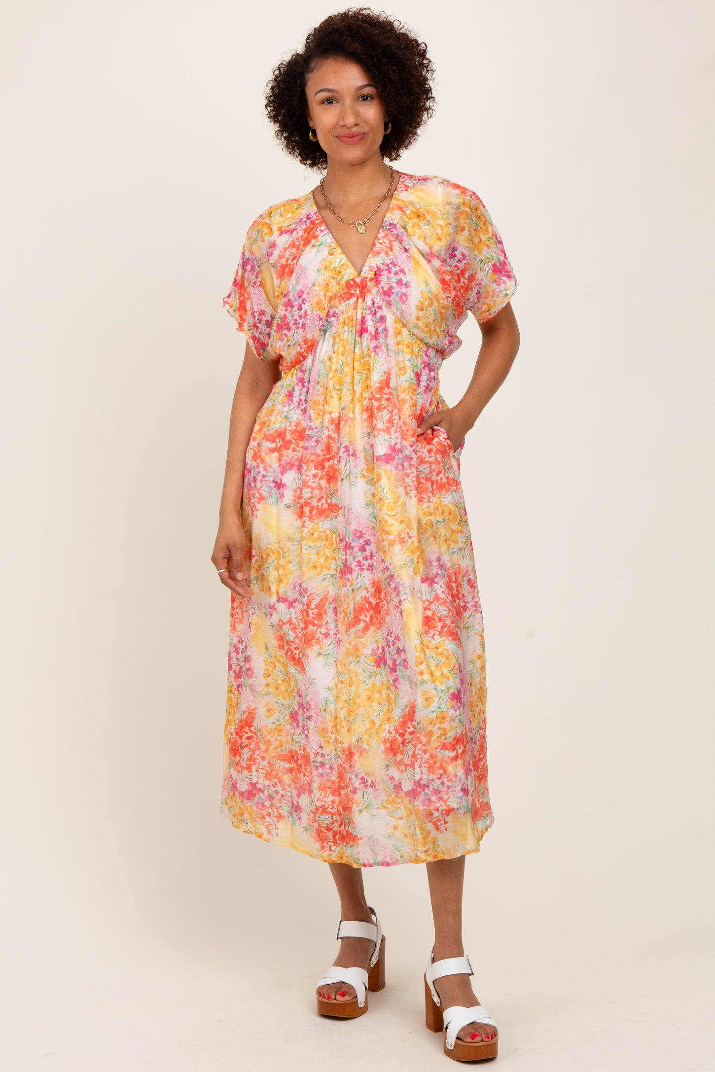 Yellow Mix Textured Floral Gathered V Neck Dress