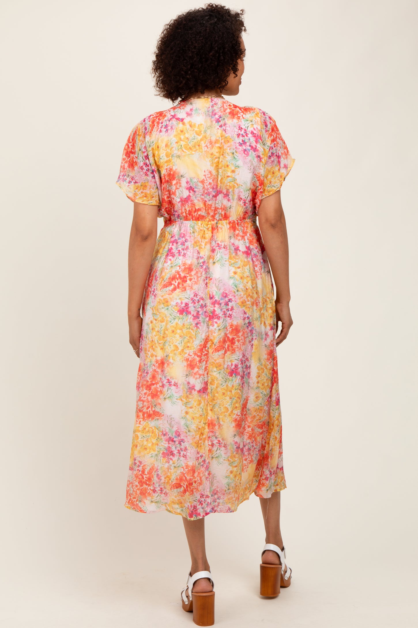 Yellow Mix Textured Floral Gathered V Neck Dress