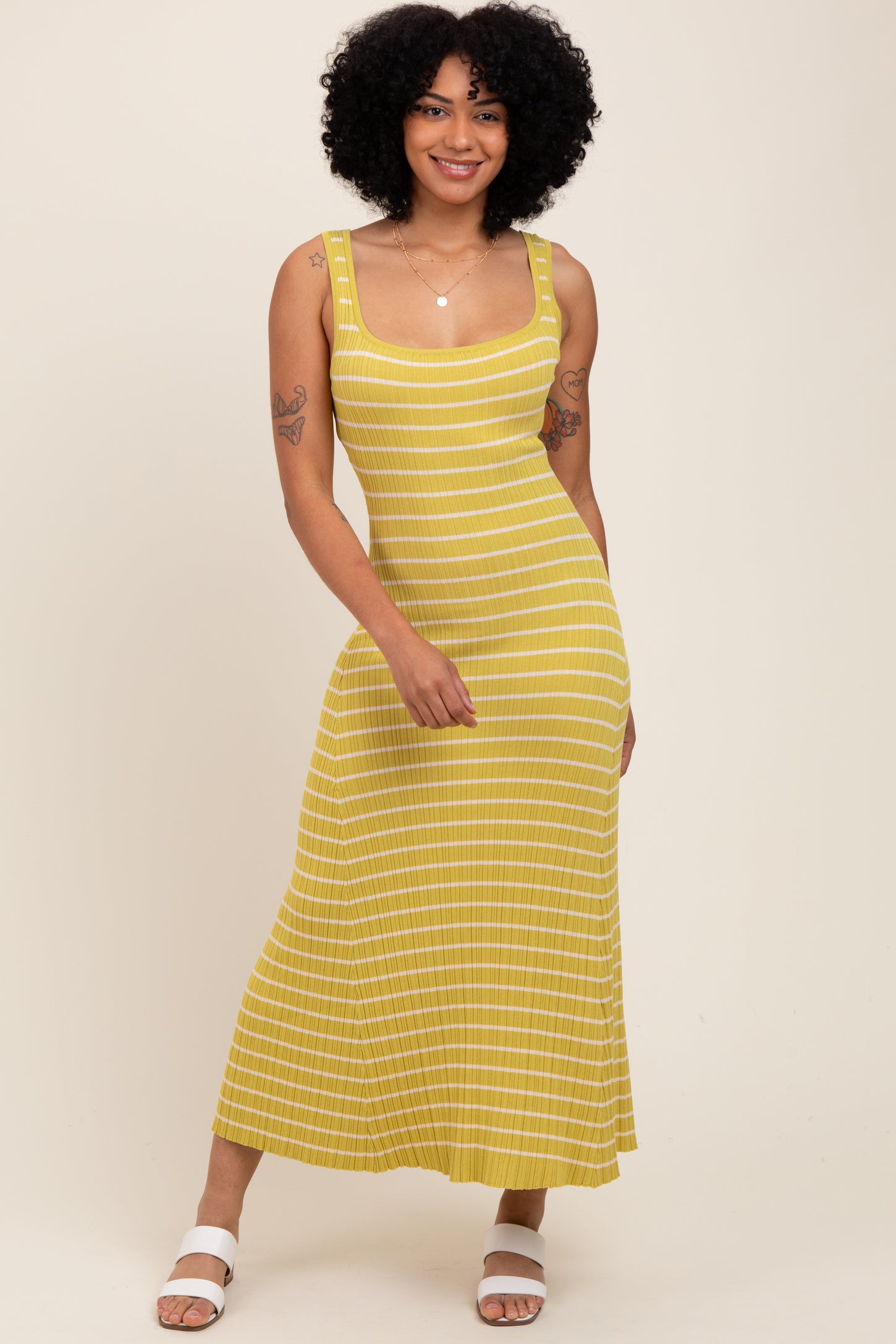 Lime/Cream Lightweight Rib Fit And Flare Midi Dress
