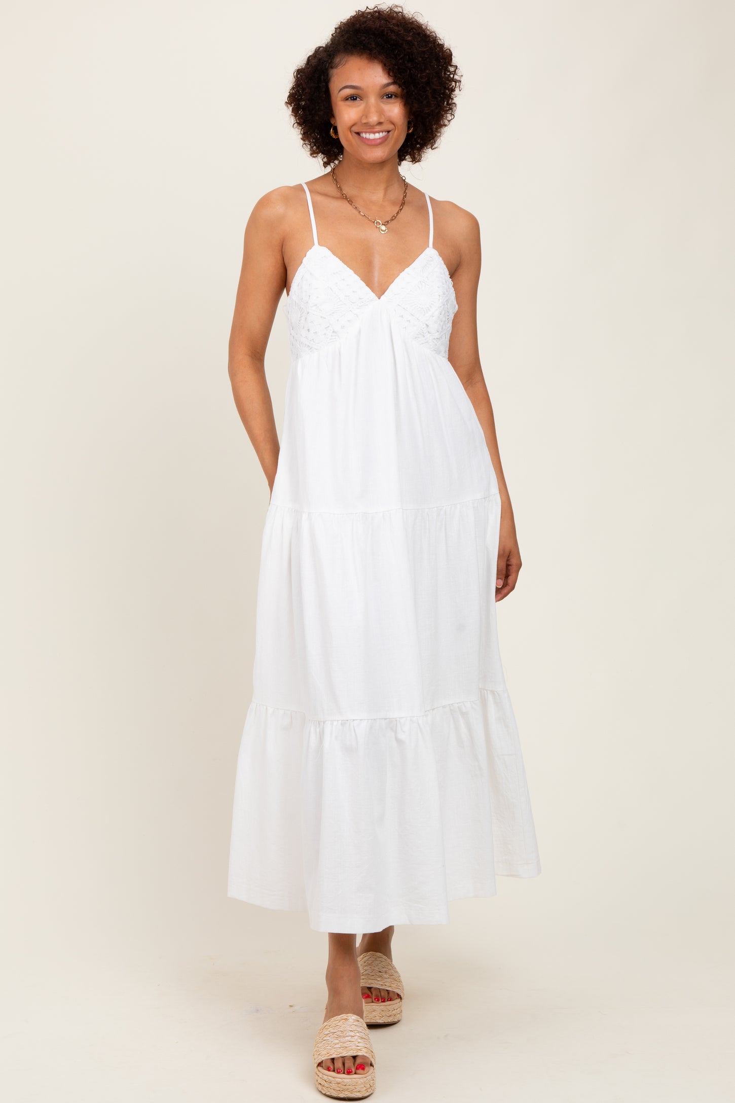 White Crochet Flare Smocked Maxi Dress