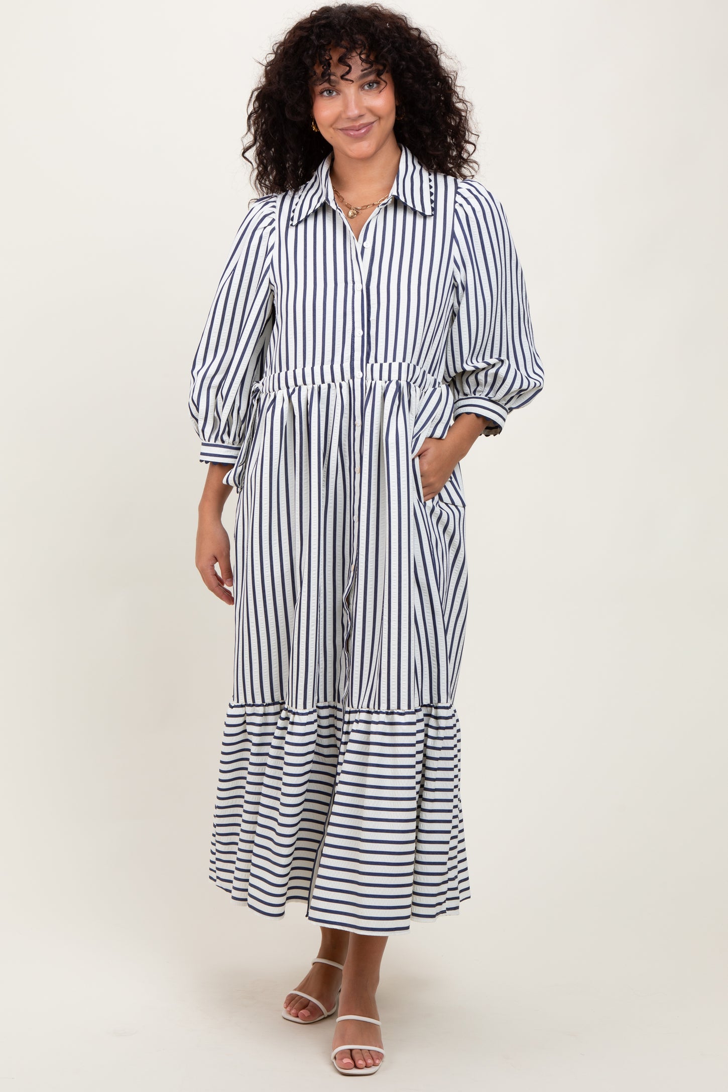 Navy Striped Collar Maxi Dress