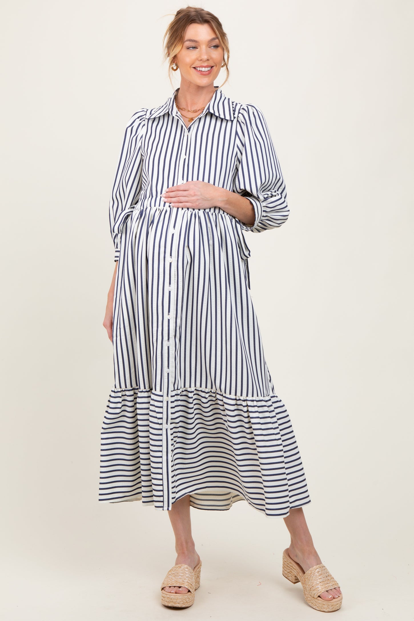 Navy Striped Collar Maternity Maxi Dress