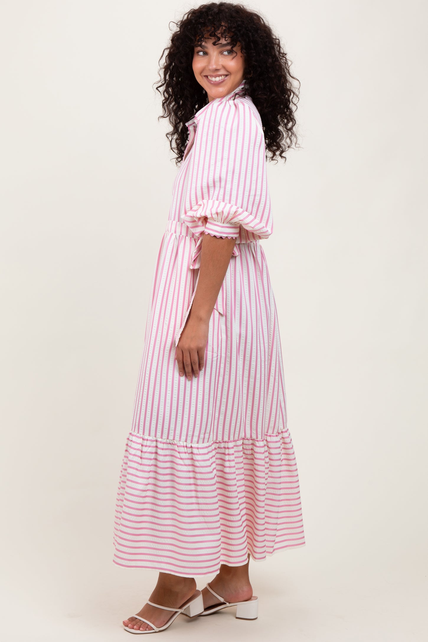 Pink Striped Collar Maxi Dress