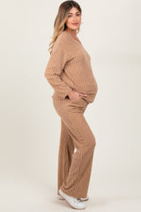 Taupe Ribbed Soft Knit Long Sleeve Maternity Pajama Set