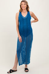 Blue Crochet V-Neck Side Slit Maternity Cover Up