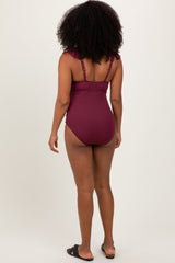 Burgundy Rib Ruffle V Neck Side Tie Knot Swimsuit