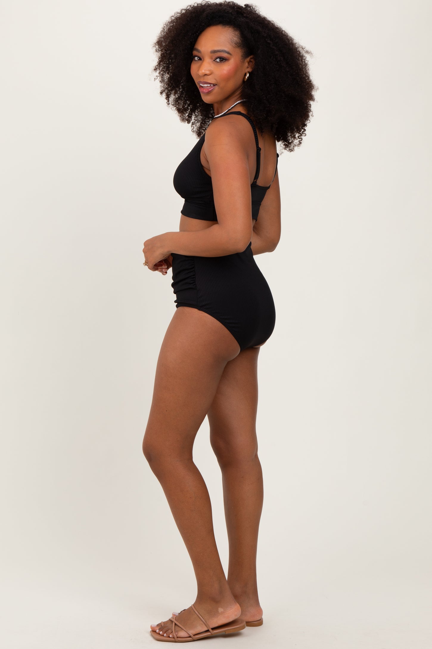 Black Ribbed Twist Cutout Front Swim Set
