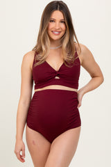 Burgundy Ribbed Twist Cutout Front Maternity Swim Set