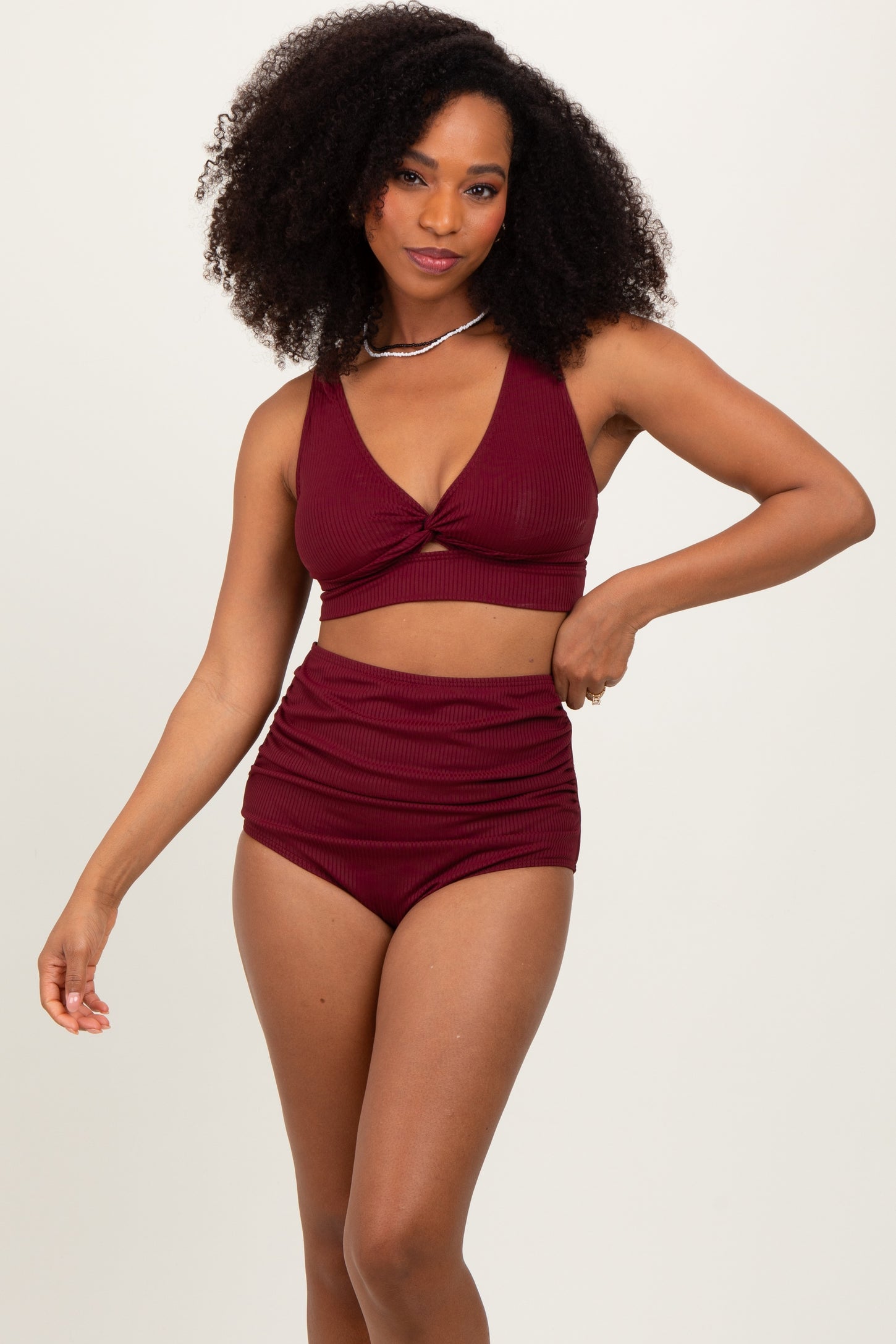 Burgundy Ribbed Twist Cutout Front Maternity Swim Set