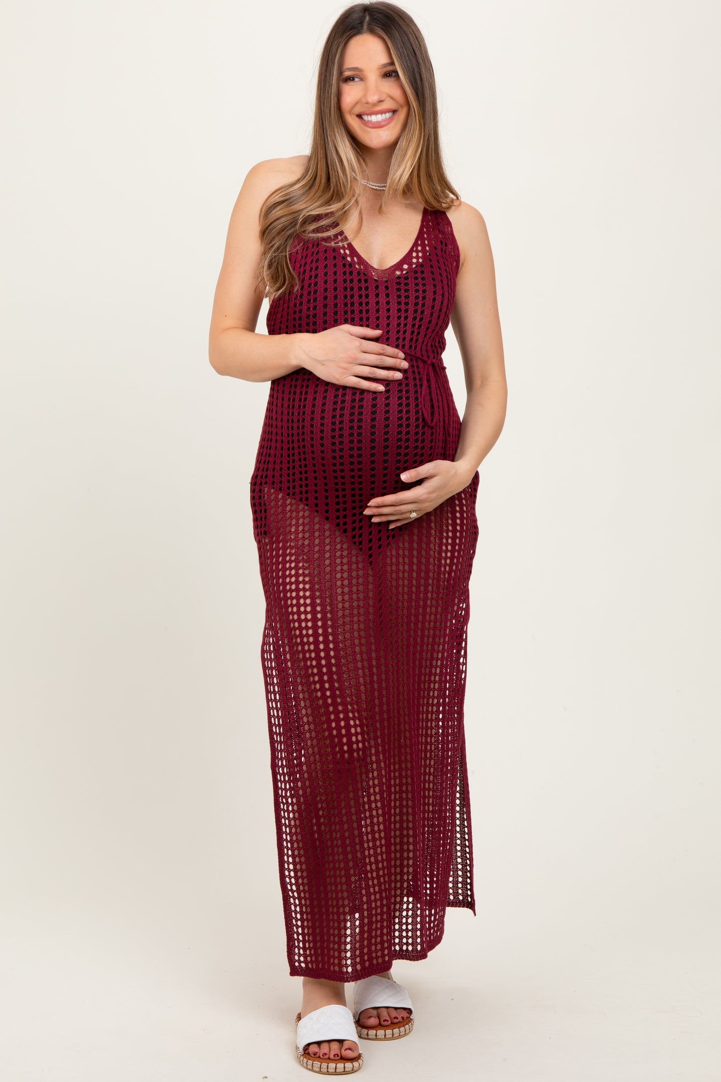 Burgundy Crochet V-Neck Side Slit Maternity Cover Up