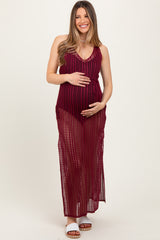 Burgundy Crochet V-Neck Side Slit Maternity Cover Up