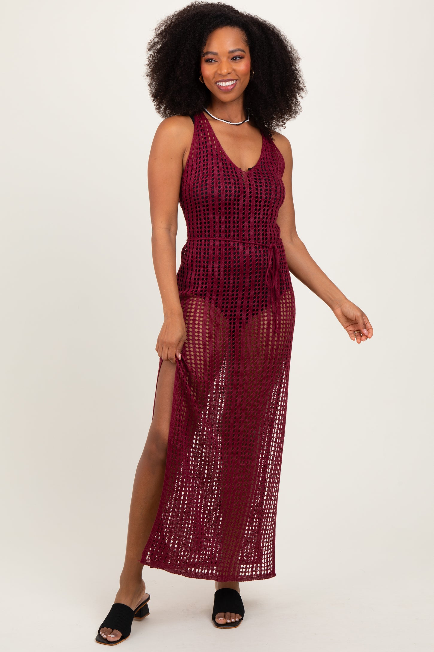 Burgundy Crochet V-Neck Side Slit Cover Up