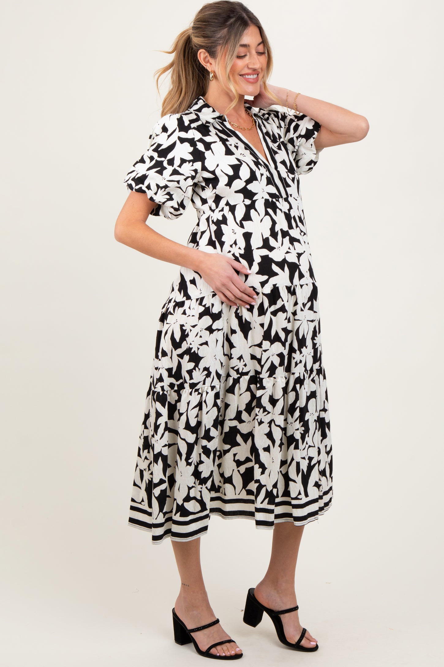 Black Botanical Print A Line Tiered Maternity Dress